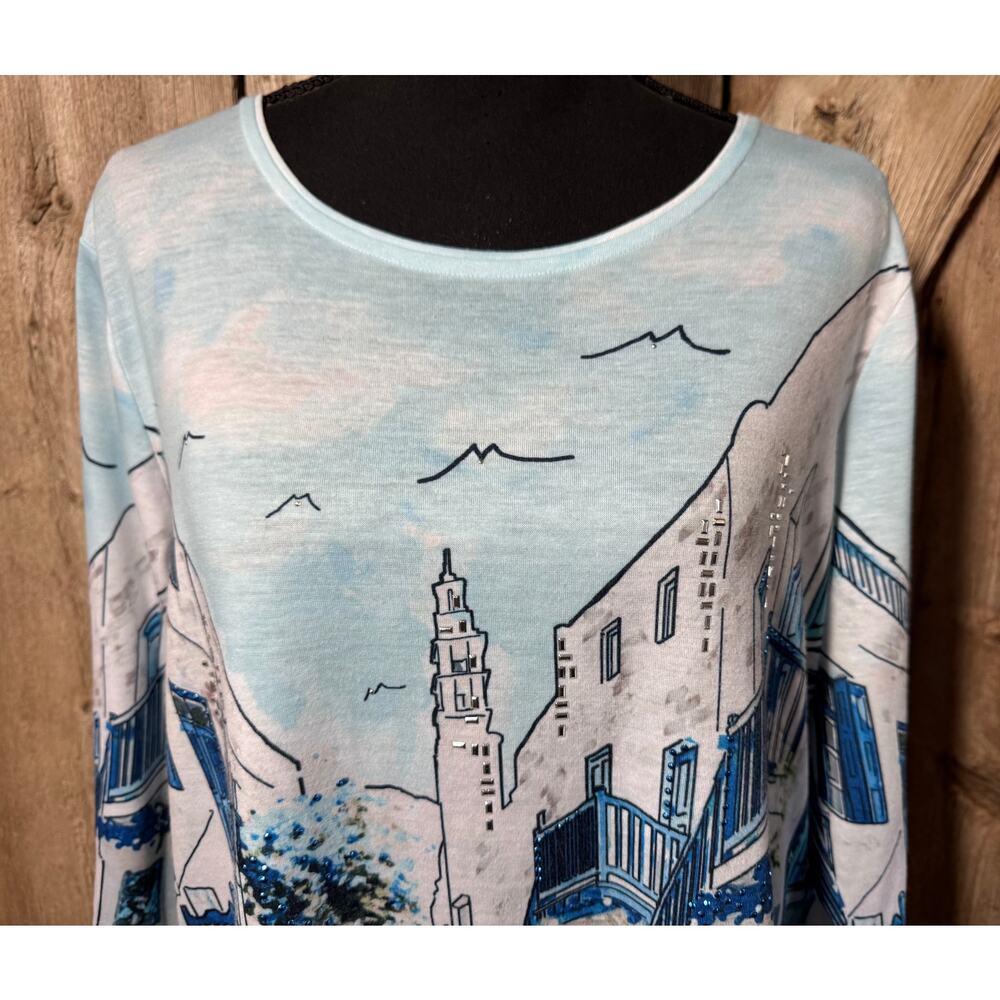 Allison Daley T-Shirt Tee Women's PM Petite Medium Ocean Coastal Blue Scene